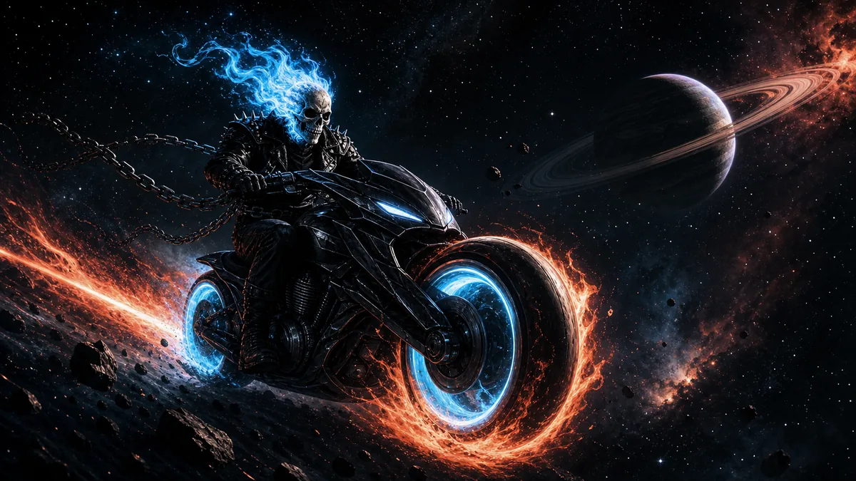 Illustrazione editoriale di un motociclista in fiamme che attraversa lo spazio su una moto cosmica
