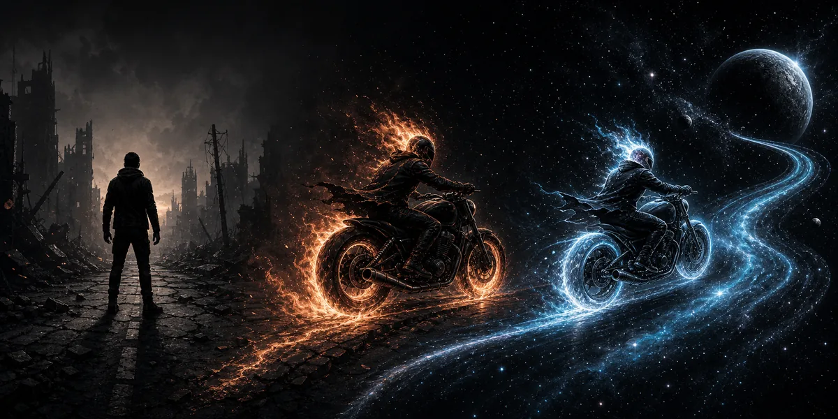 Sequenza editoriale da vigilante umano a rider in fiamme e viaggiatore cosmico