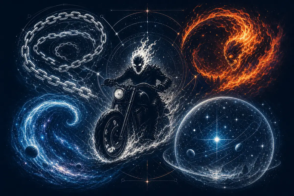 Studio editoriale con catena infuocata, energia cosmica, aura protettiva e moto spaziale