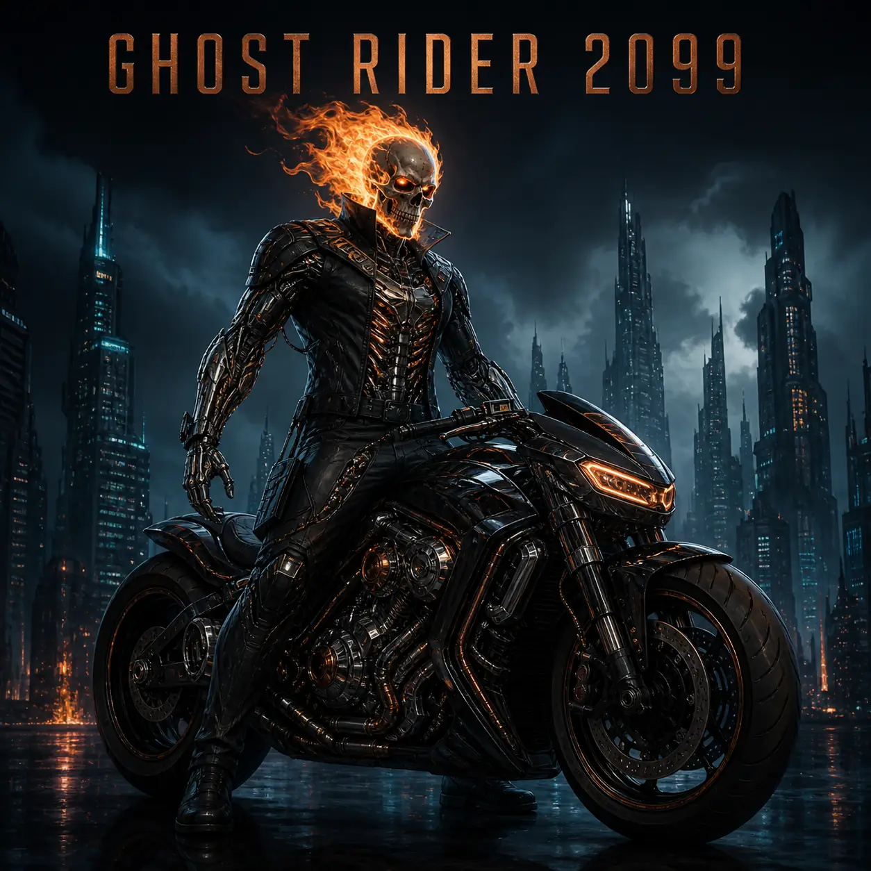 Editorial concept illustration of Ghost Rider 2099 as a cybernetic flaming-skull rider on a futuristic motorcycle