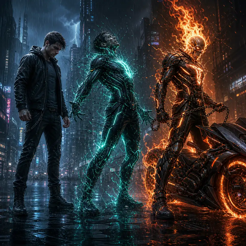 Editorial concept showing a human figure transforming through teal cybernetic energy into Ghost Rider 2099 in a rainy future city