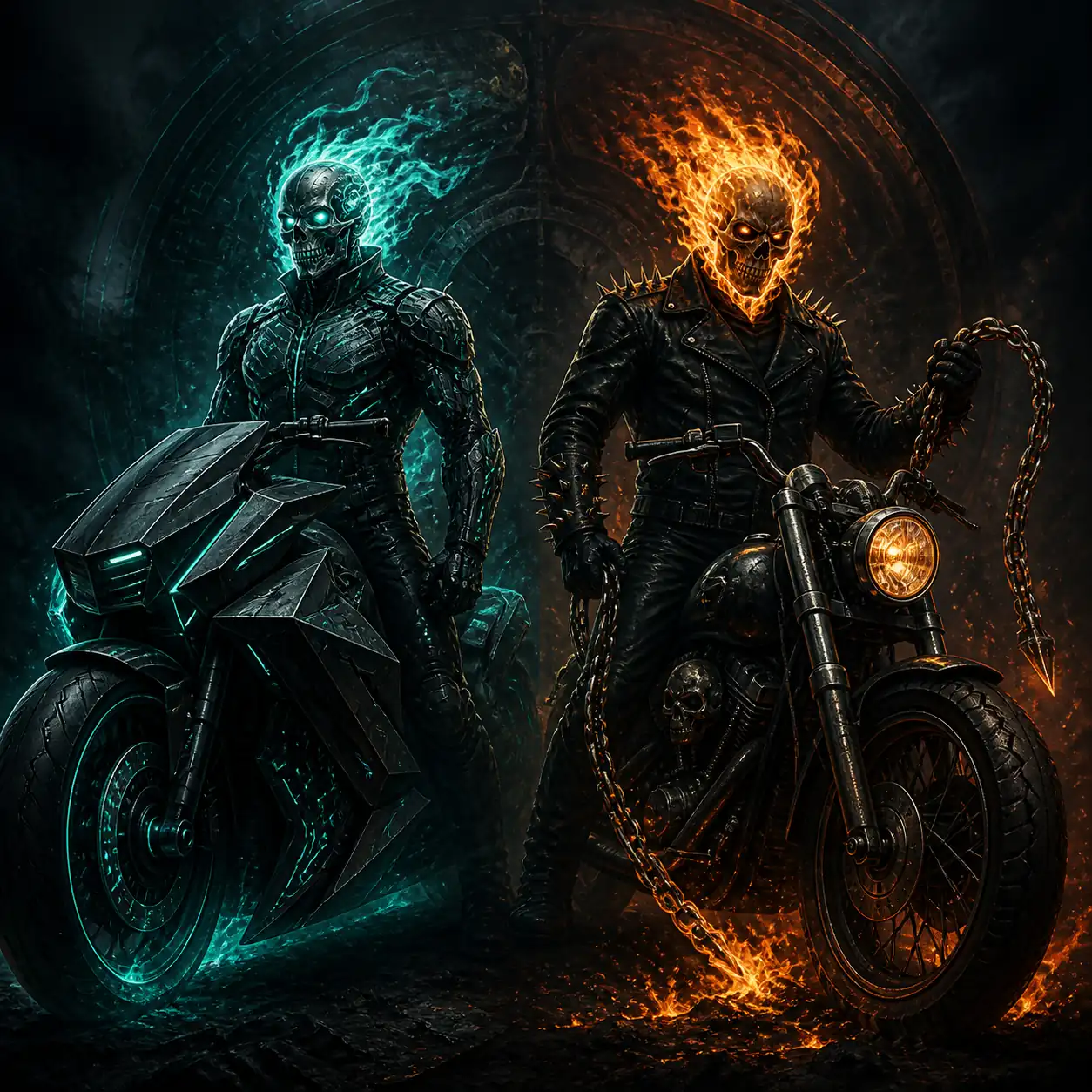 Editorial comparison of a teal cybernetic Ghost Rider 2099 and an orange hellfire Ghost Rider with a chain
