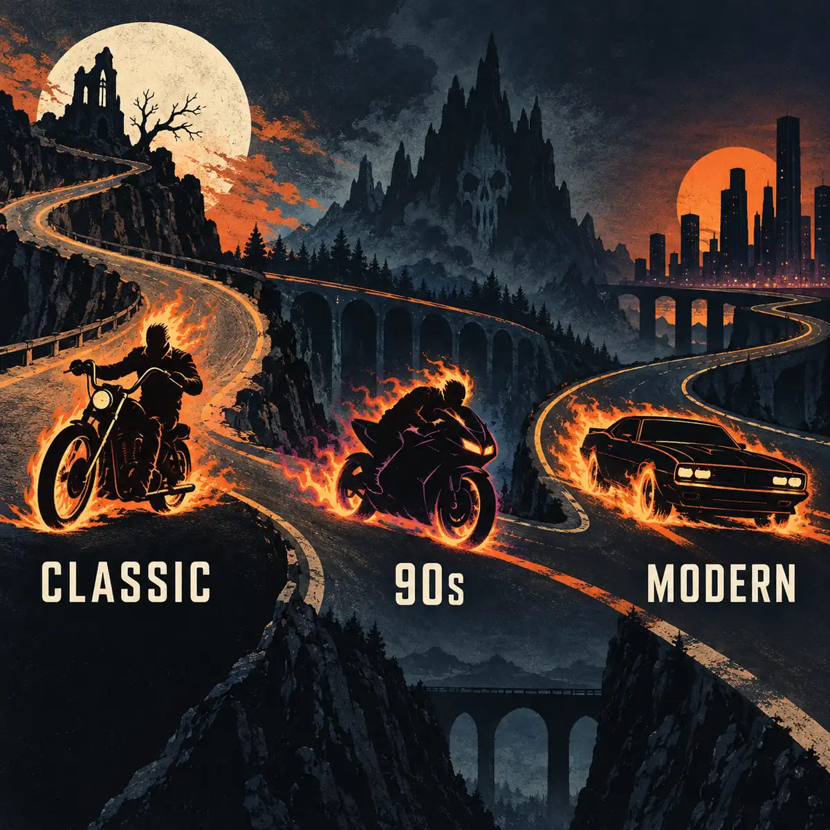 Linha do tempo editorial comparando as eras clássica, dos anos 1990 e moderna das HQs do Motoqueiro Fantasma
