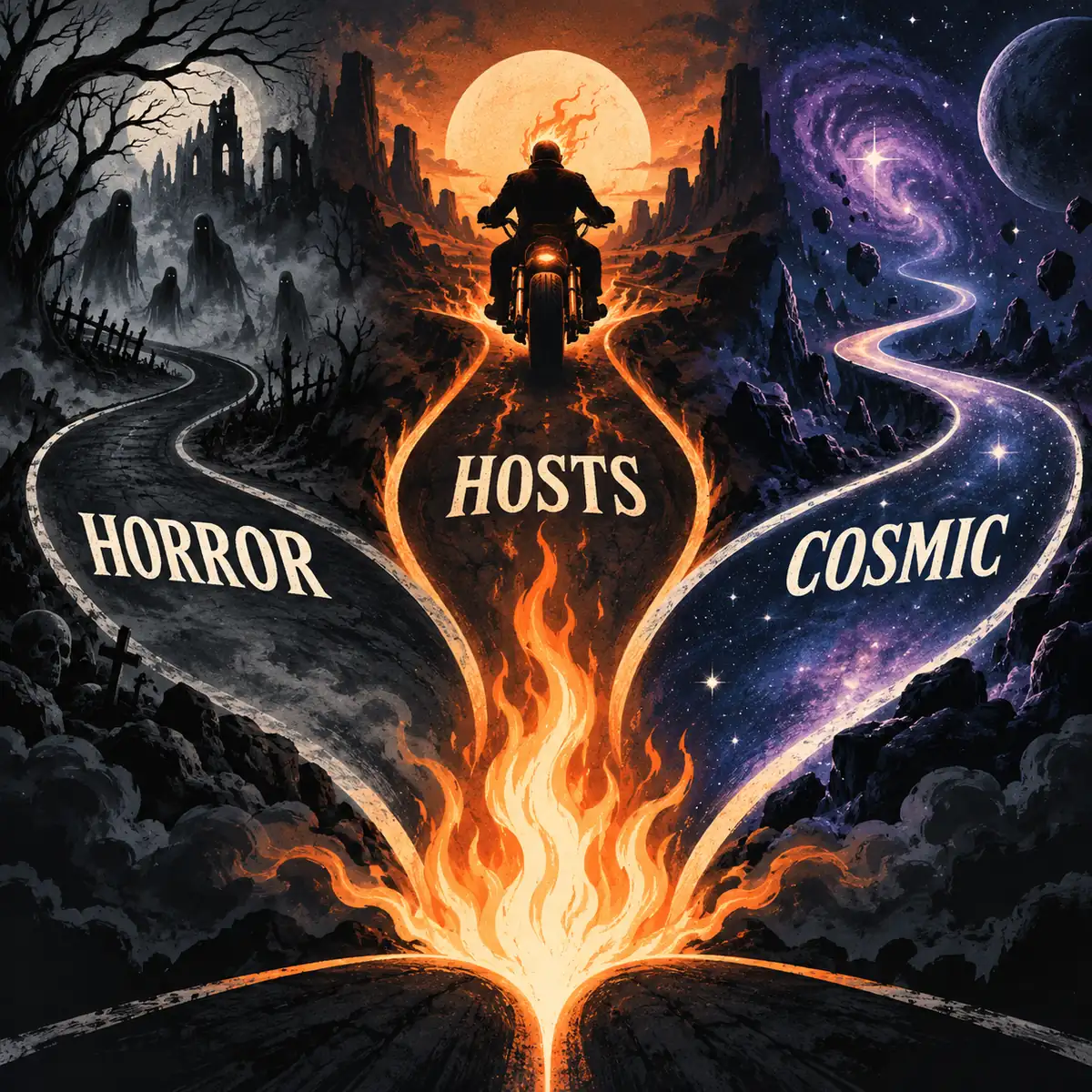 Caminho editorial de escolha com rotas de terror, hospedeiro e universo cósmico para leitores do Motoqueiro Fantasma