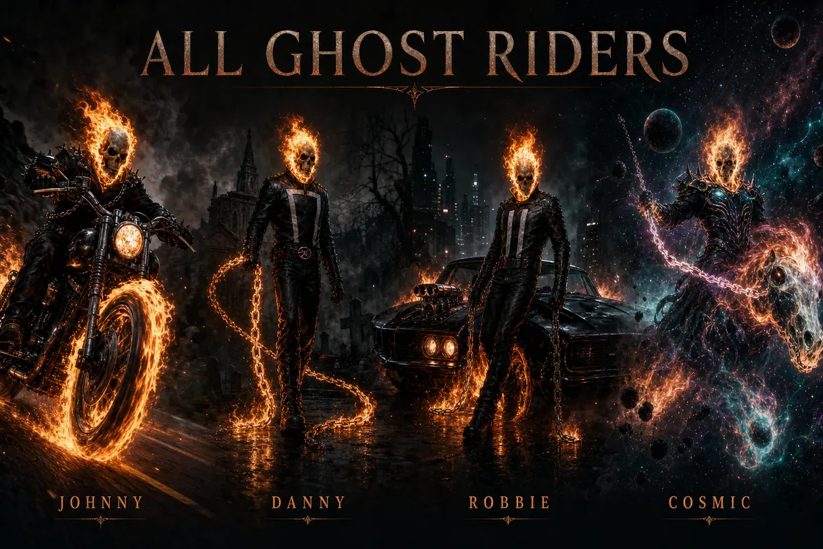 ジョニー、ダニー、ロビー、Cosmic Ghost Riderの宿主を比較する編集用コンセプト画像