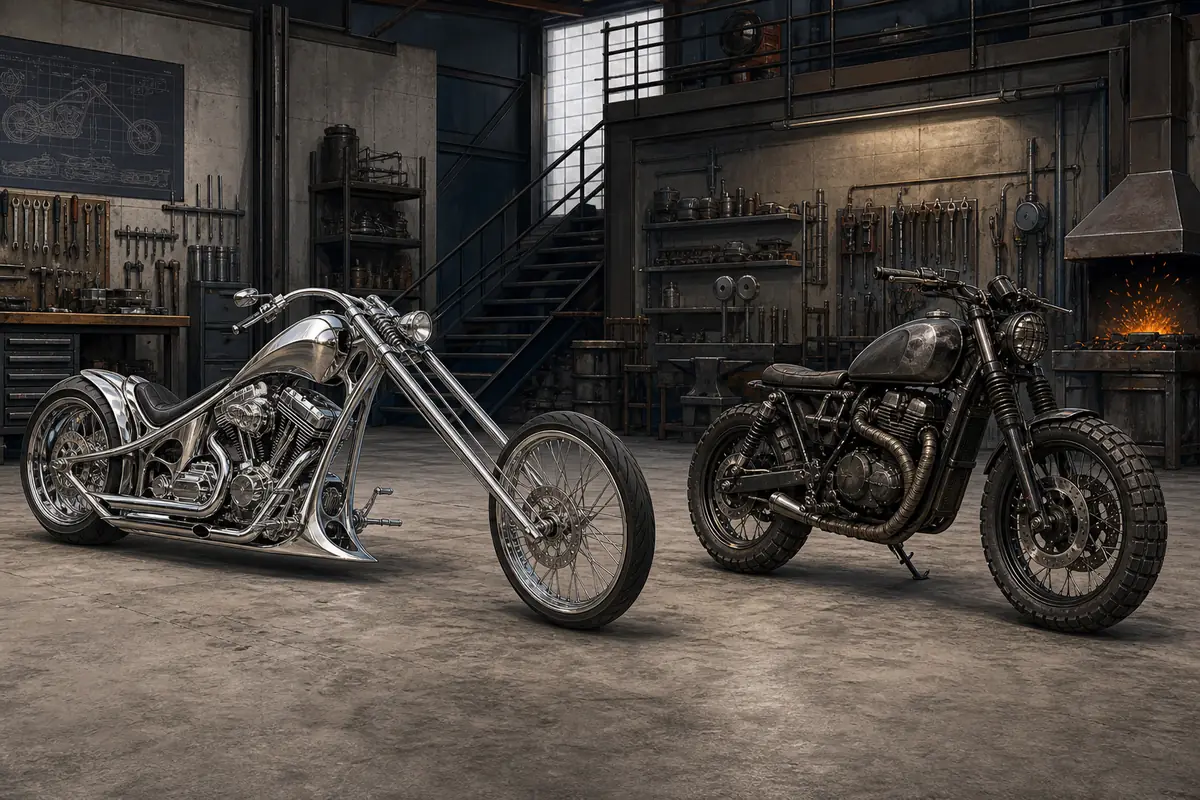 長いクロームチョッパーと短く無骨なバイクを工房で比較した編集用イラスト