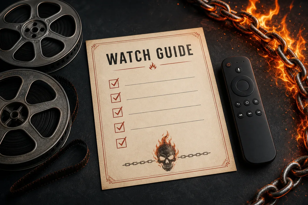 Editorial Ghost Rider movie watch guide with film reels and legal viewing checklist