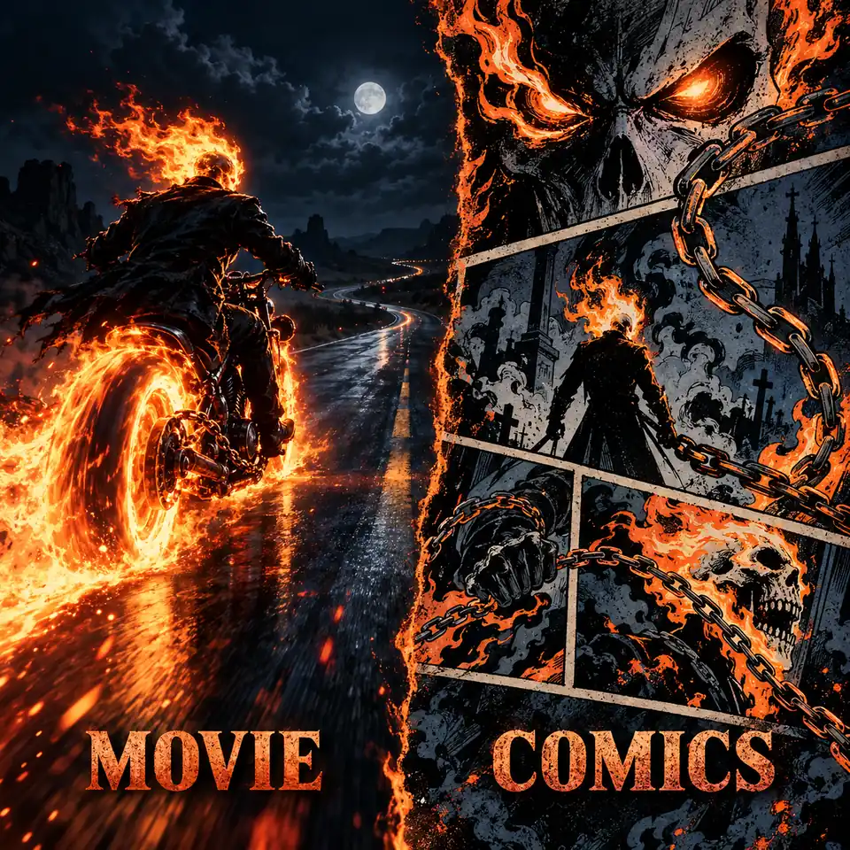 Editorial concept comparison of a flaming motorcycle movie mood and an inked Ghost Rider comics mood