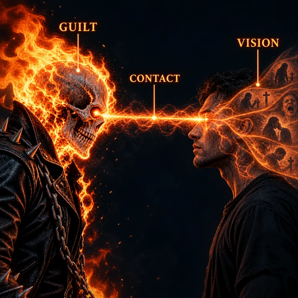 Editorial flow illustration showing guilt, contact, and vision as the Penance Stare sequence