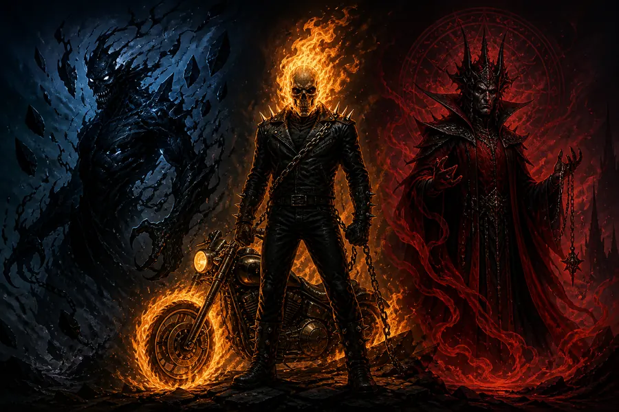 Original editorial comparison illustration with Ghost Rider between a shadow demon and a red occult adversary