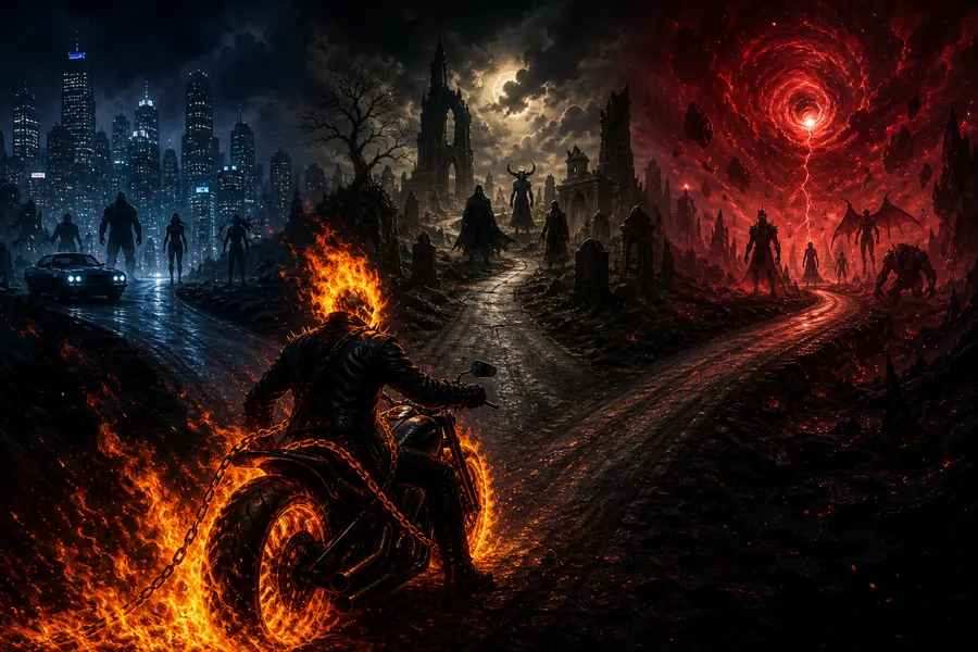 Original editorial concept illustration of Ghost Rider at a crossroads between cinematic, comic, and cosmic enemy settings