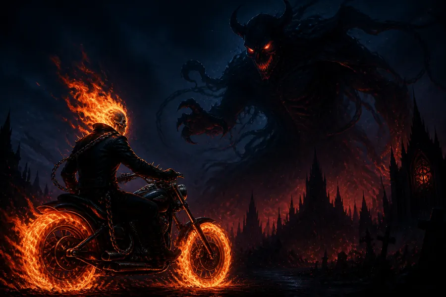 Original editorial concept illustration of Ghost Rider facing a shadow demon in an occult landscape