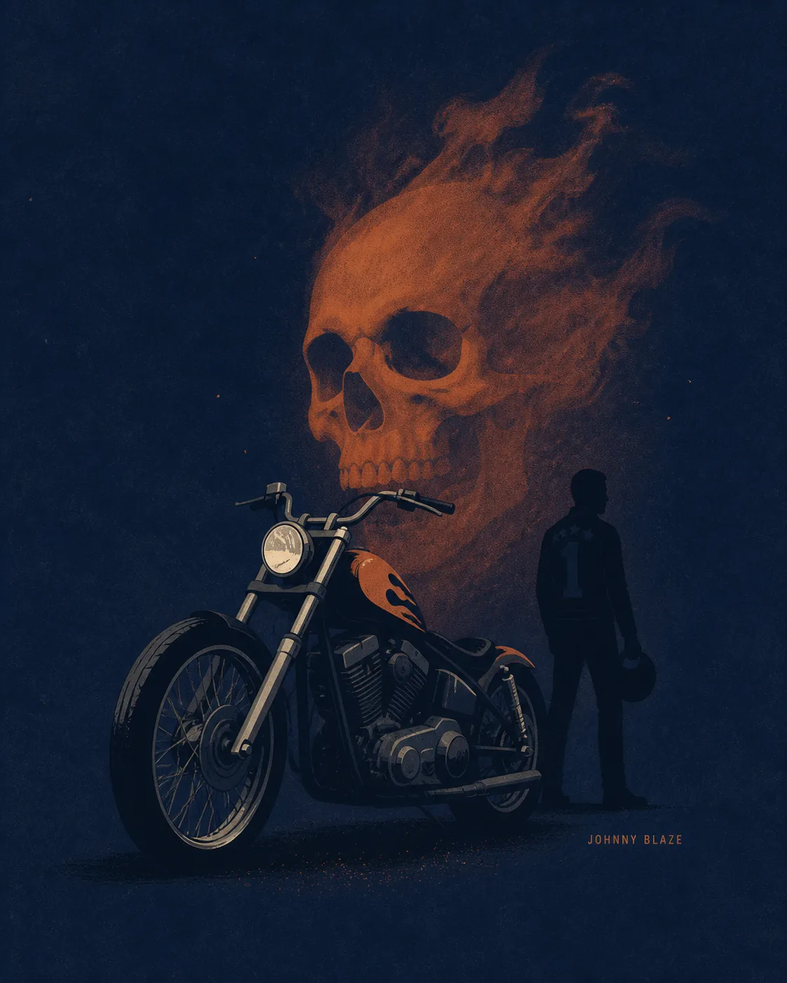 Redaktionelle Konzeptillustration von Johnny Blaze neben einem übernatürlichen Motorrad und einem brennenden Totenkopf