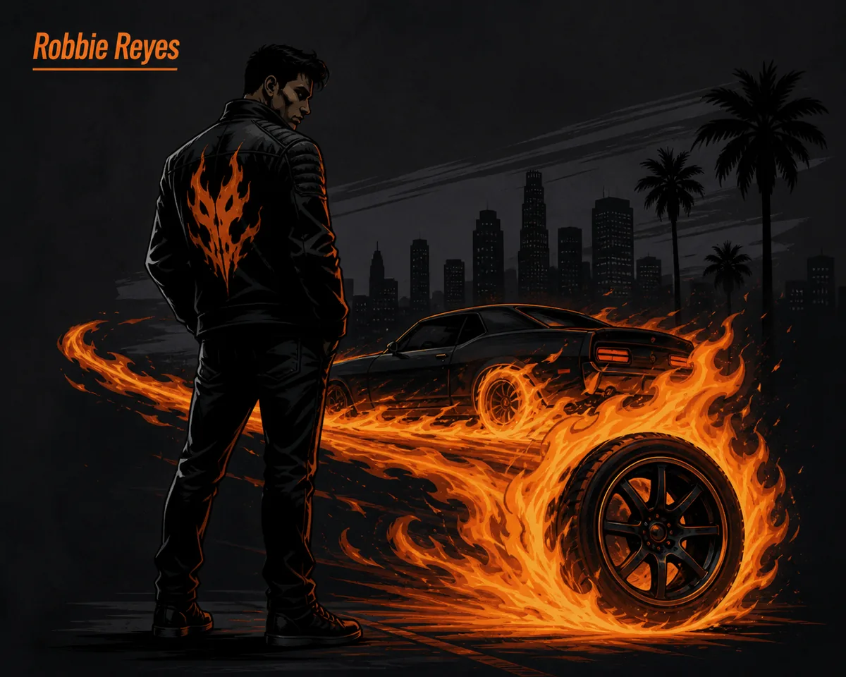 Illustration editoriale originale de Robbie Reyes Ghost Rider comme esprit urbain lie a une voiture
