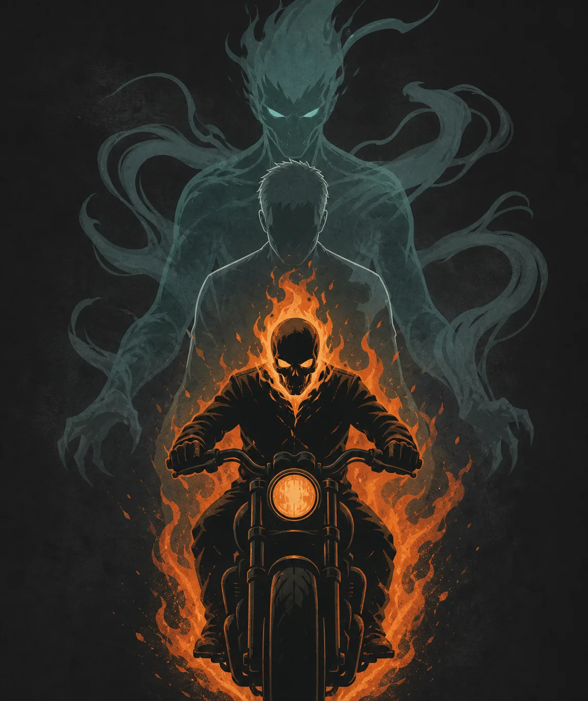 Concept editoriale di Zarathos come presenza scura dietro la sagoma fiammeggiante di Ghost Rider