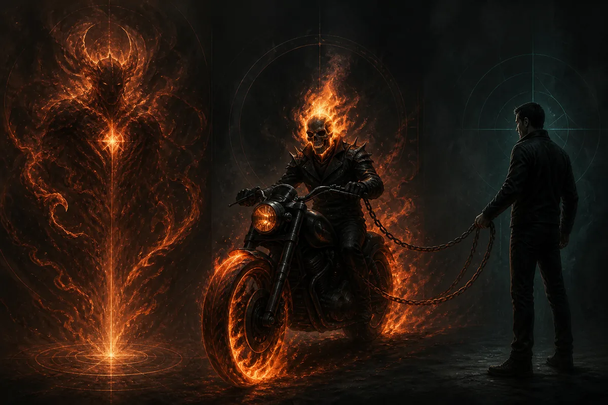 Confronto editoriale tra energia spirituale di Zarathos, fuoco infernale di Ghost Rider e controllo dell'ospite