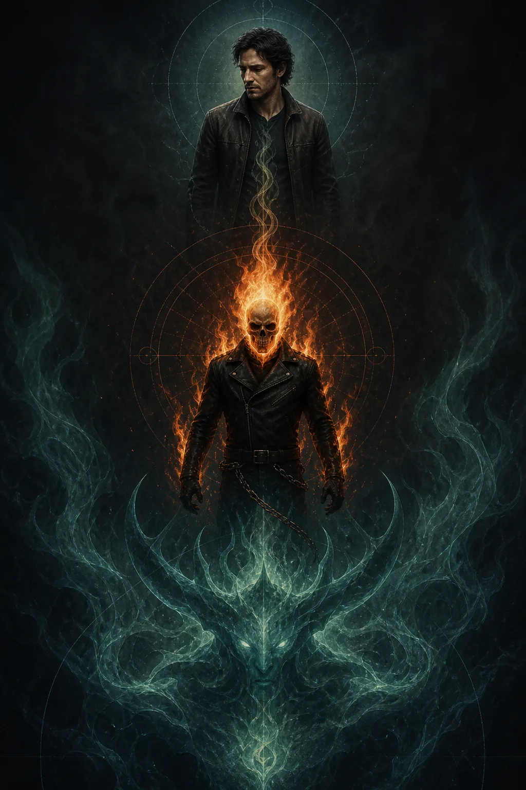 Illustrazione editoriale che separa l'ospite umano, Ghost Rider trasformato e Zarathos